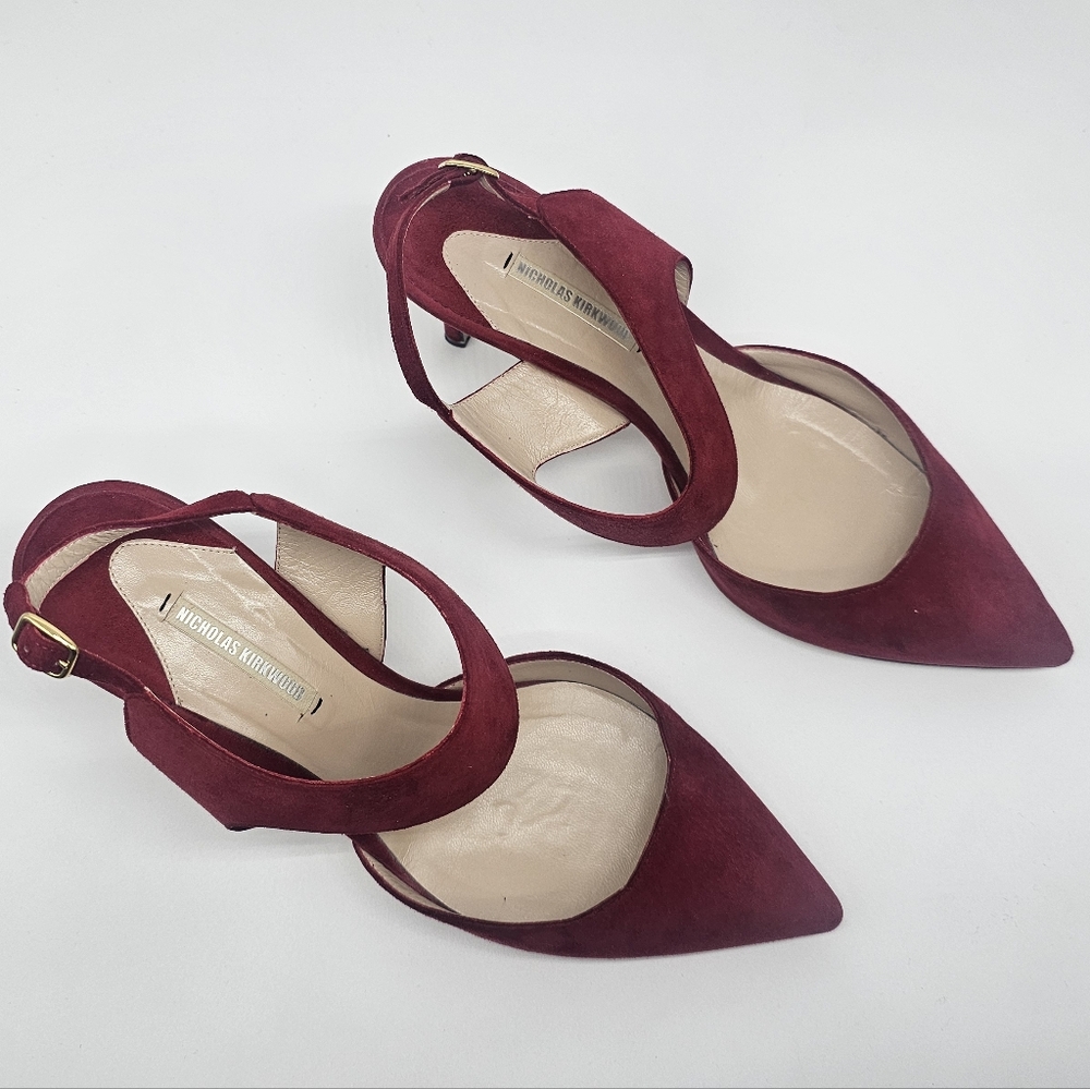 NICHOLAS KIRKWOOD Leda Crimson Red Suede Cut Out Slingback Pumps Heels sz 39.5 - Picture 6 of 13
